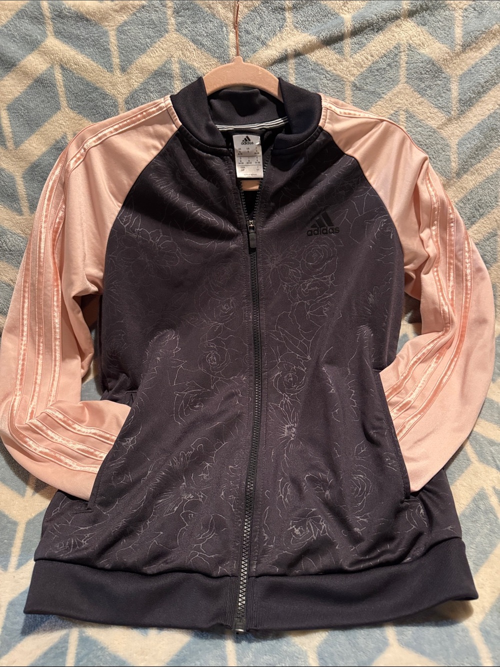 Adidas Floral Line Art Track Jacket | Blush Pink & Dark Charcoal Grey | Small